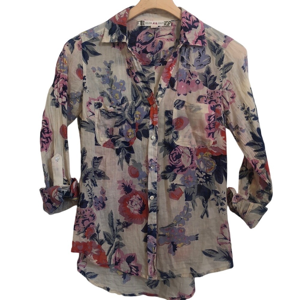Chelsea & Violet Floral Cotton Gauze Button Down Shirt Roll Tab Sleeve Cream S